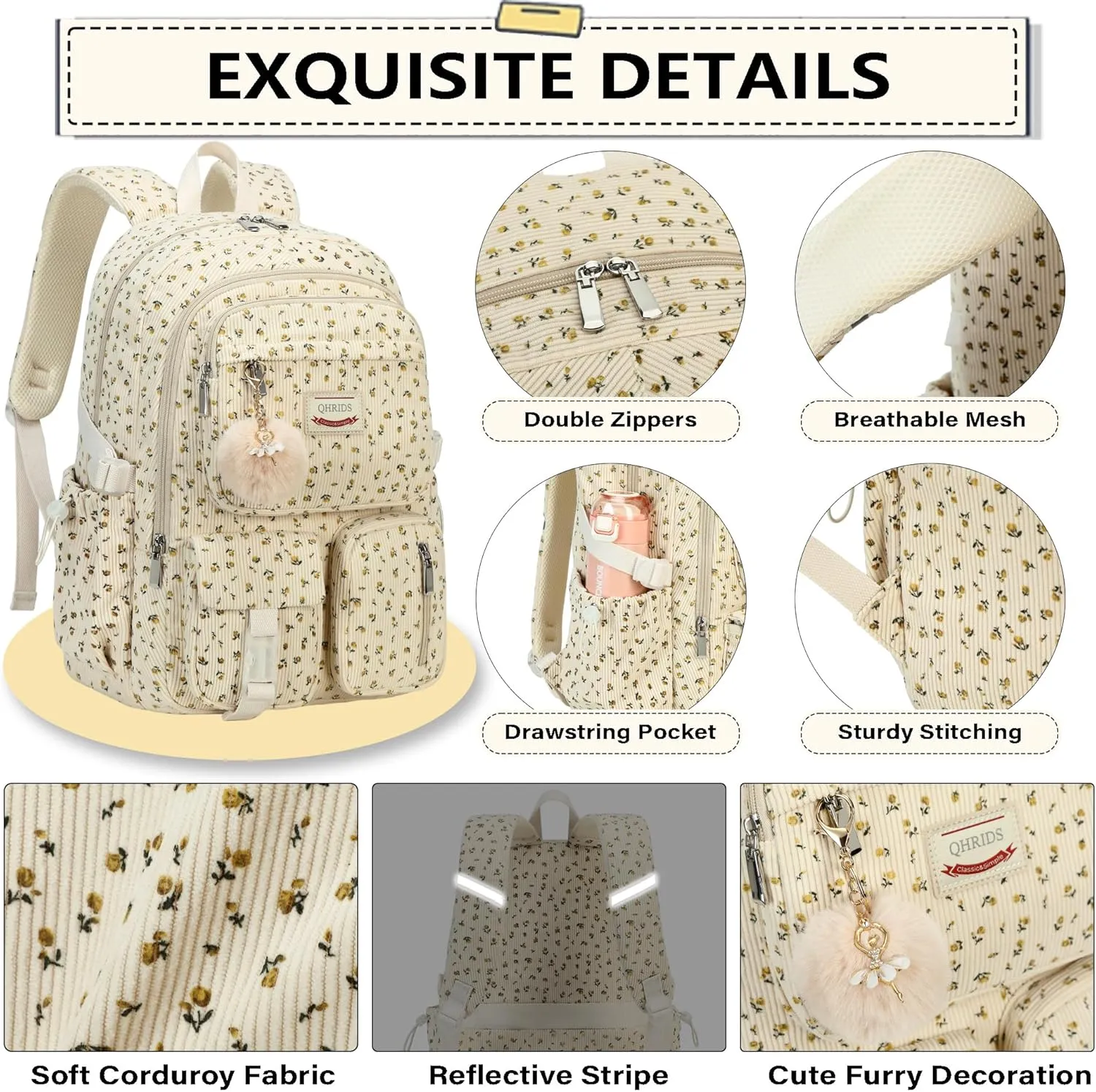 Backpack for Girls Big Student Corduroy Laptop Backpack for College Kids Elementary Middle High School Bag Anti Theft Bookbag Travel Daypack Womens(Corduroy Beige Floral)