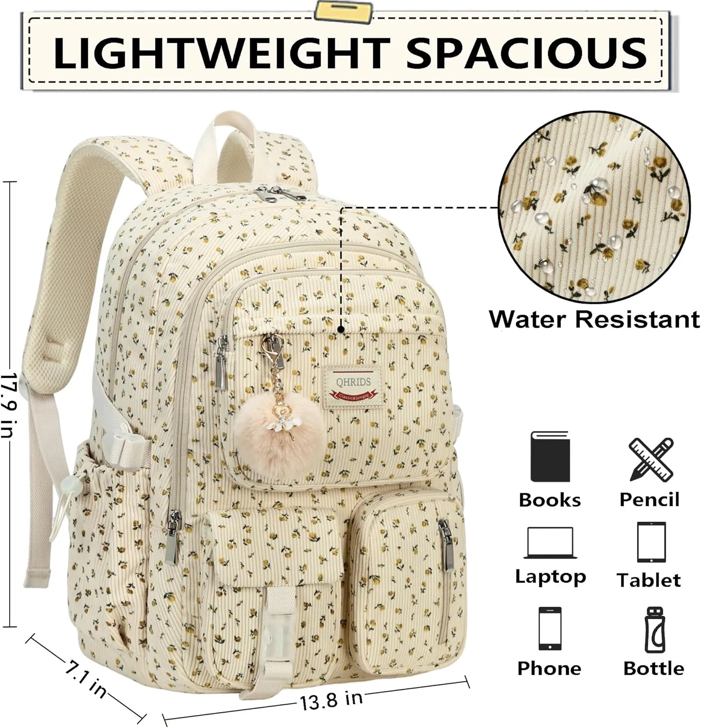 Backpack for Girls Big Student Corduroy Laptop Backpack for College Kids Elementary Middle High School Bag Anti Theft Bookbag Travel Daypack Womens(Corduroy Beige Floral)