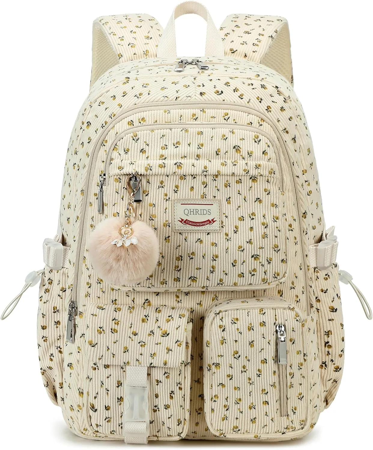 Backpack for Girls Big Student Corduroy Laptop Backpack for College Kids Elementary Middle High School Bag Anti Theft Bookbag Travel Daypack Womens(Corduroy Beige Floral)