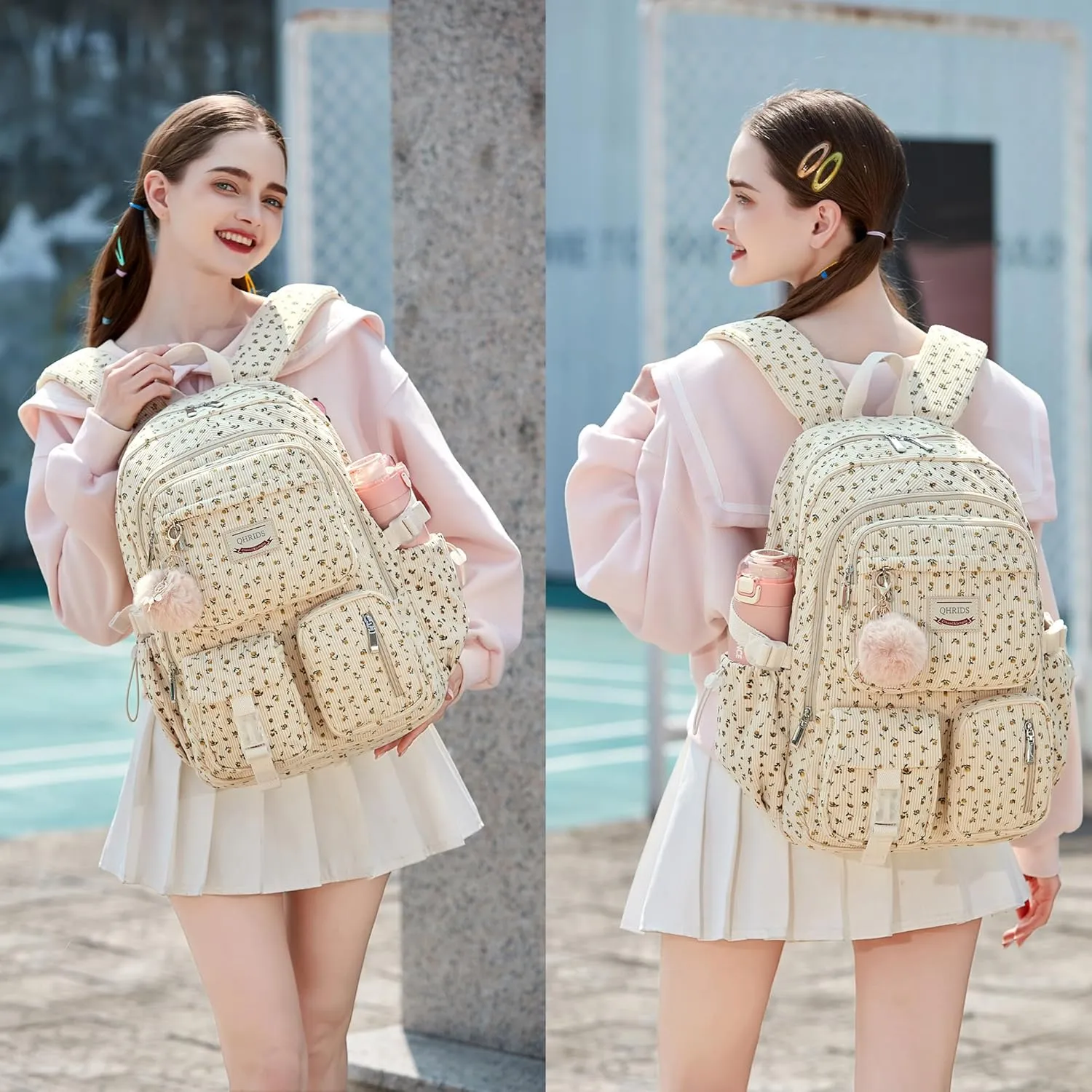 Backpack for Girls Big Student Corduroy Laptop Backpack for College Kids Elementary Middle High School Bag Anti Theft Bookbag Travel Daypack Womens(Corduroy Beige Floral)