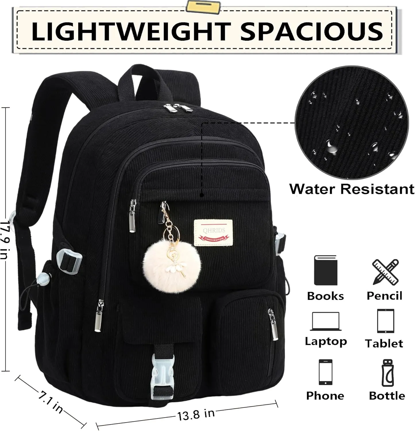 Backpack for Girls Big Student Corduroy Laptop Backpack for College Kids Elementary Middle High School Bag Anti Theft Bookbag Travel Daypack Womens(Corduroy Black)