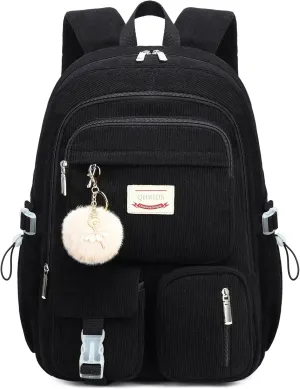 Backpack for Girls Big Student Corduroy Laptop Backpack for College Kids Elementary Middle High School Bag Anti Theft Bookbag Travel Daypack Womens(Corduroy Black)