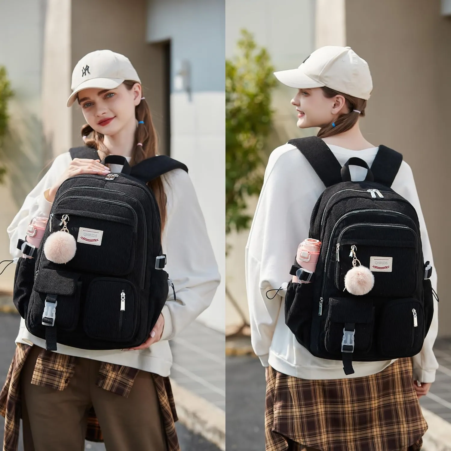 Backpack for Girls Big Student Corduroy Laptop Backpack for College Kids Elementary Middle High School Bag Anti Theft Bookbag Travel Daypack Womens(Corduroy Black)