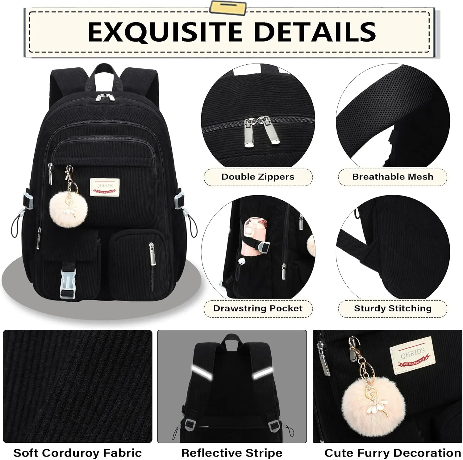 Backpack for Girls Big Student Corduroy Laptop Backpack for College Kids Elementary Middle High School Bag Anti Theft Bookbag Travel Daypack Womens(Corduroy Black)