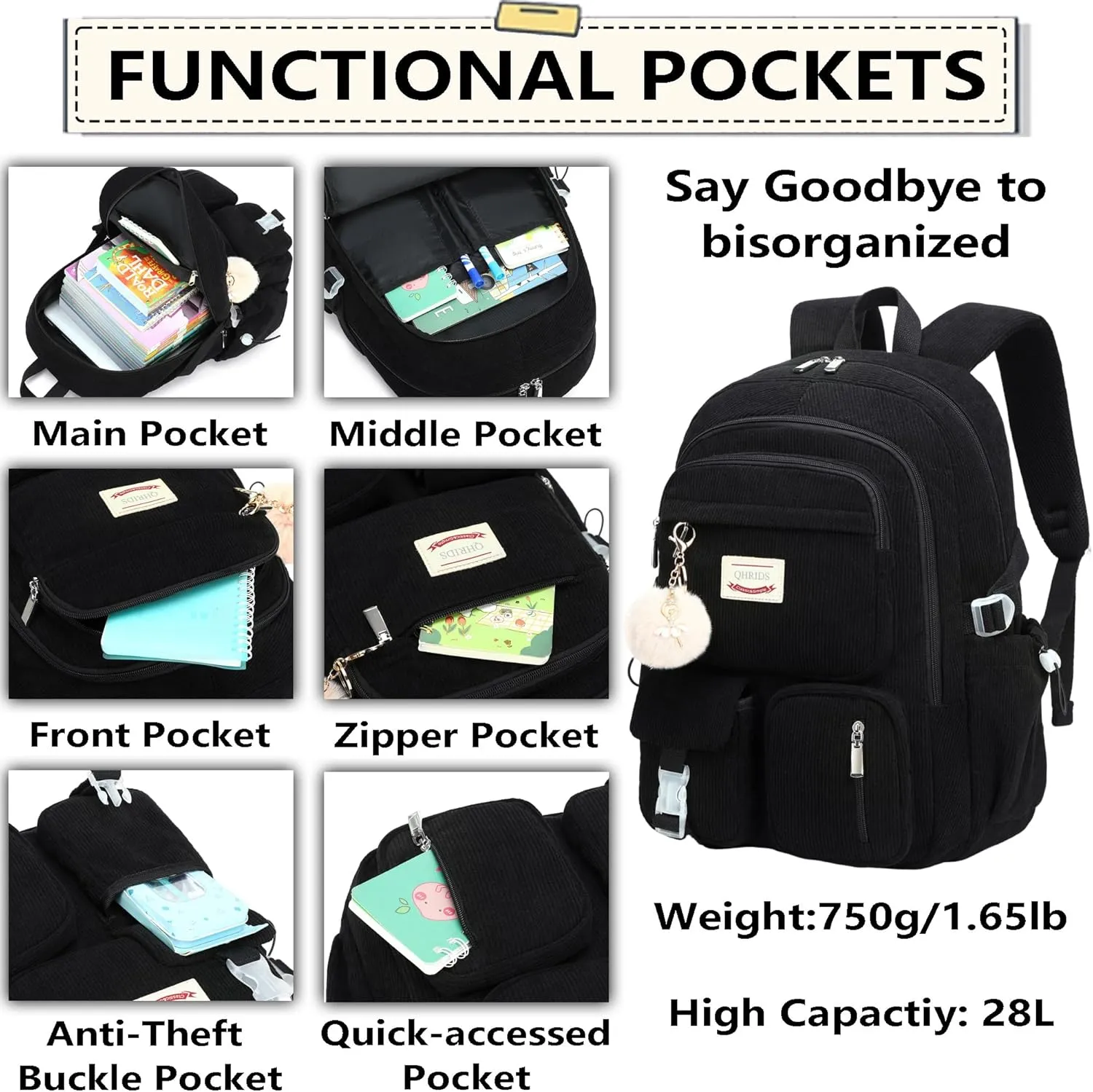Backpack for Girls Big Student Corduroy Laptop Backpack for College Kids Elementary Middle High School Bag Anti Theft Bookbag Travel Daypack Womens(Corduroy Black)