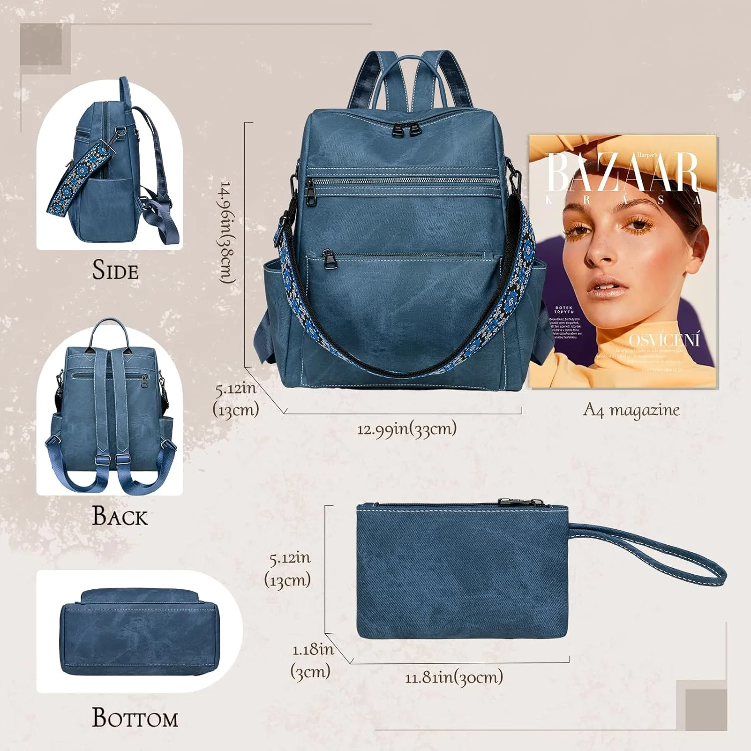 Backpack Purse for Women, Waterproof PU Leather Back pack, Anti-Theft Women Backpack, Lightweight Fashion Multipurpose Shoulder Bag Handbag, Blue