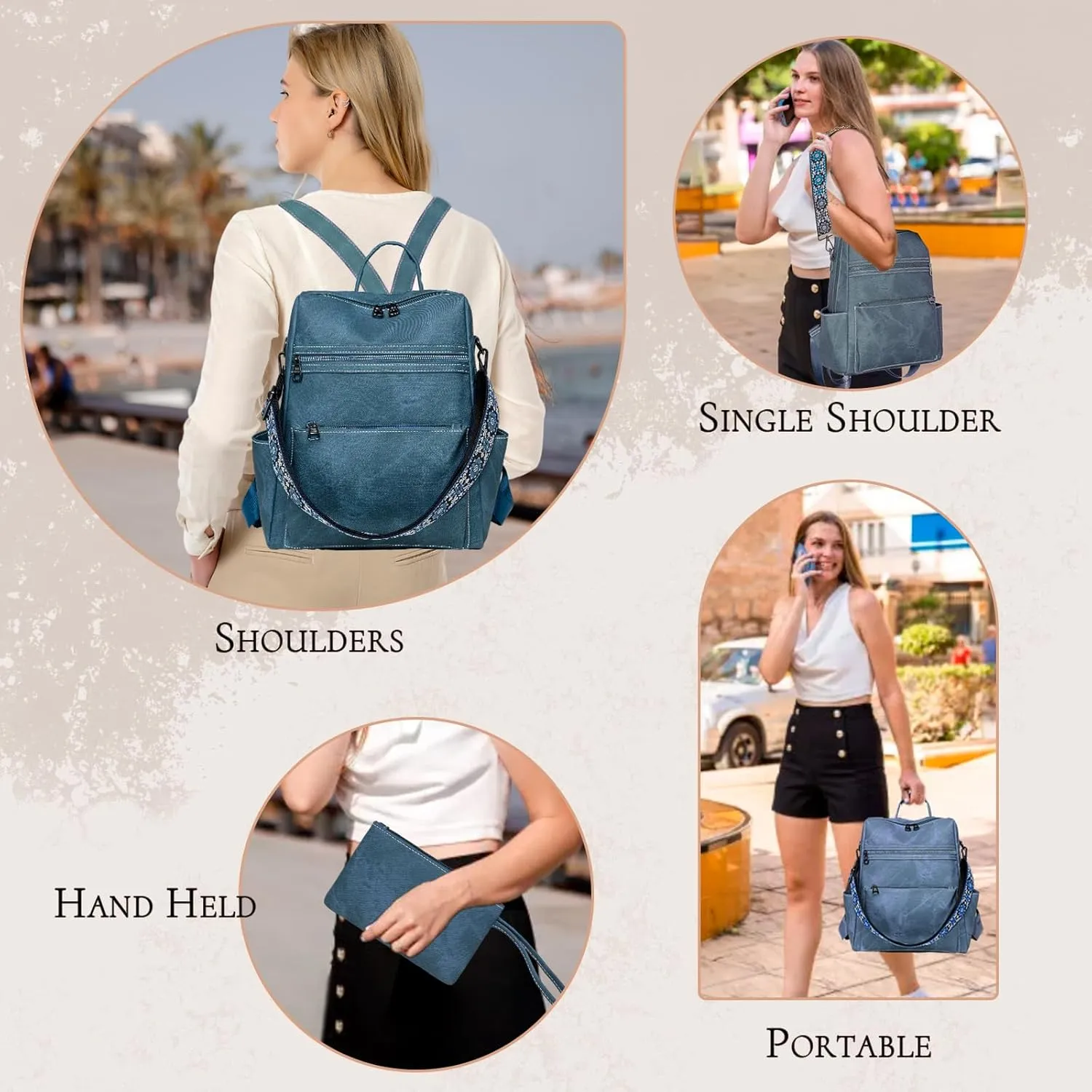 Backpack Purse for Women, Waterproof PU Leather Back pack, Anti-Theft Women Backpack, Lightweight Fashion Multipurpose Shoulder Bag Handbag, Blue