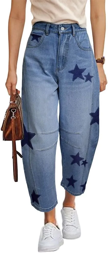 Barrel Jeans for Women Baggy Star Printed Horseshoe Jeans Mid Rise Wide Leg Cropped Ankle Denim Pants