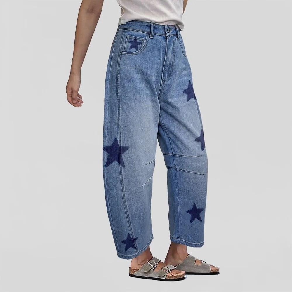 Barrel Jeans for Women Baggy Star Printed Horseshoe Jeans Mid Rise Wide Leg Cropped Ankle Denim Pants
