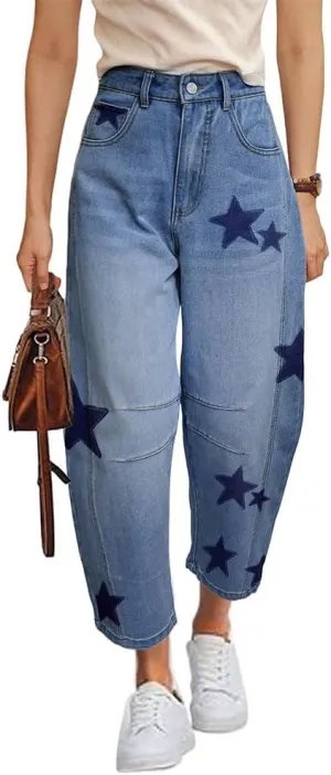 Barrel Jeans for Women Baggy Star Printed Horseshoe Jeans Mid Rise Wide Leg Cropped Ankle Denim Pants
