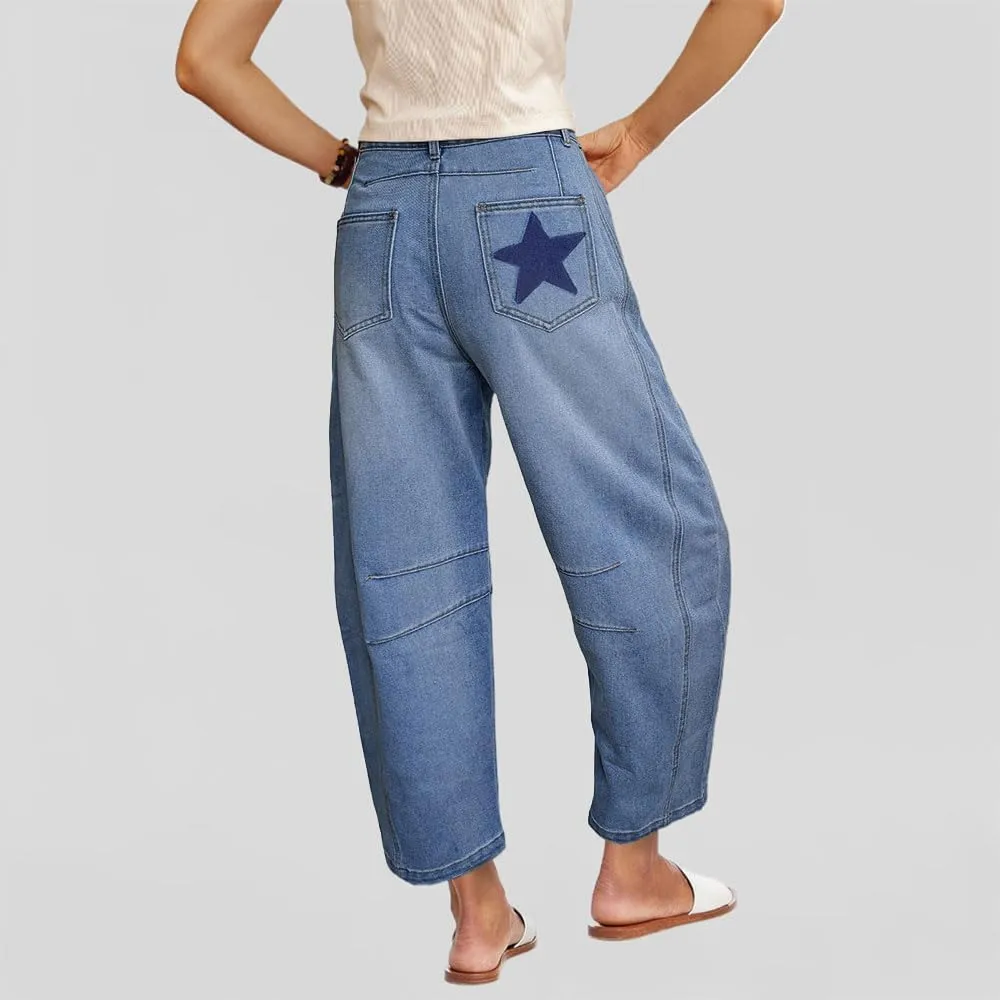 Barrel Jeans for Women Baggy Star Printed Horseshoe Jeans Mid Rise Wide Leg Cropped Ankle Denim Pants