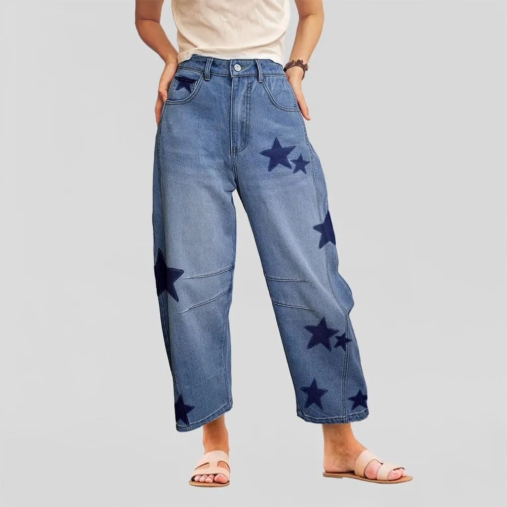 Barrel Jeans for Women Baggy Star Printed Horseshoe Jeans Mid Rise Wide Leg Cropped Ankle Denim Pants