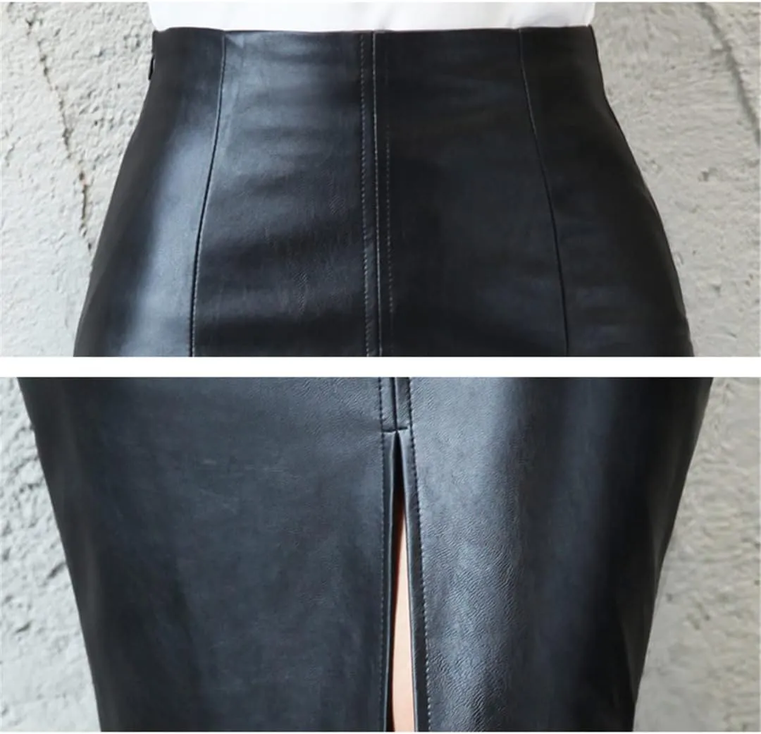 Black Leather Skirt Women Autumn Midi Pencil Skirt Office Sexy Package Hip Front Slit Skirts