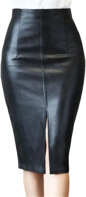 Black Leather Skirt Women Autumn Midi Pencil Skirt Office Sexy Package Hip Front Slit Skirts