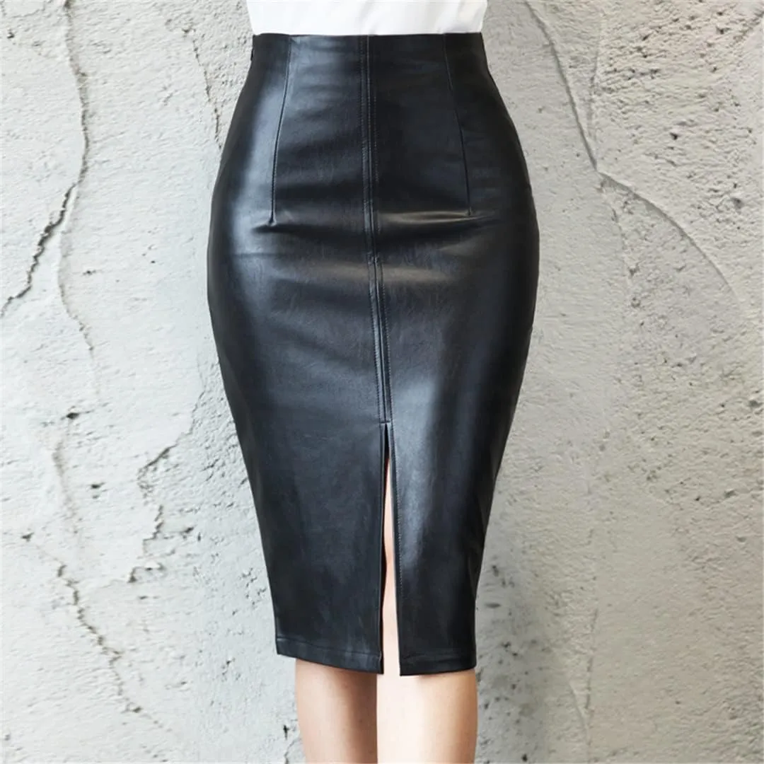 Black Leather Skirt Women Autumn Midi Pencil Skirt Office Sexy Package Hip Front Slit Skirts