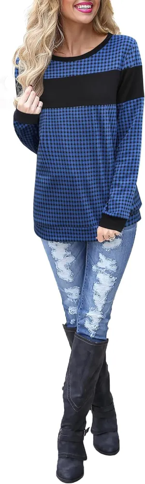 Blooming Jelly Women's Color Block Plaid Shirt Crewneck Sweatshirt Elbow Patches Pullover Sweatshirt Top
