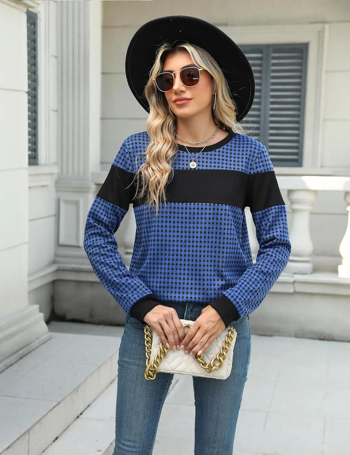 Blooming Jelly Women's Color Block Plaid Shirt Crewneck Sweatshirt Elbow Patches Pullover Sweatshirt Top