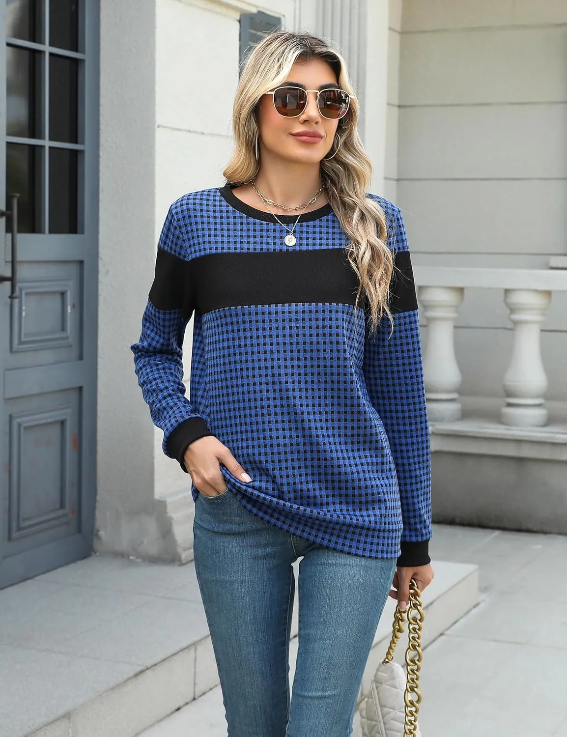 Blooming Jelly Women's Color Block Plaid Shirt Crewneck Sweatshirt Elbow Patches Pullover Sweatshirt Top