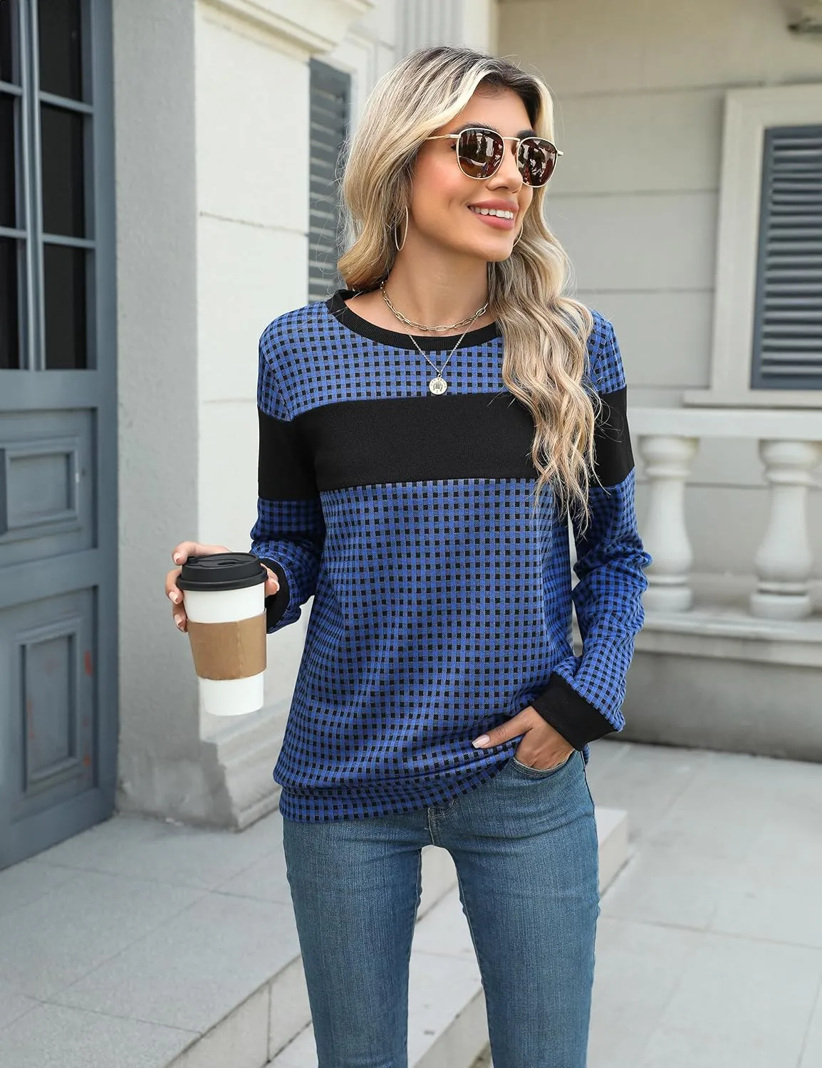 Blooming Jelly Women's Color Block Plaid Shirt Crewneck Sweatshirt Elbow Patches Pullover Sweatshirt Top