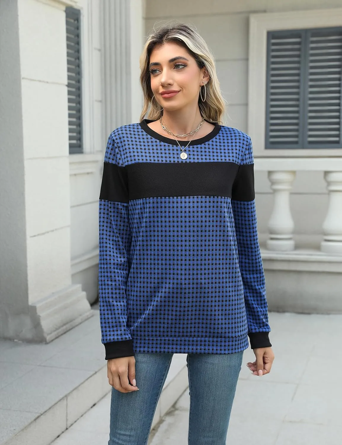 Blooming Jelly Women's Color Block Plaid Shirt Crewneck Sweatshirt Elbow Patches Pullover Sweatshirt Top