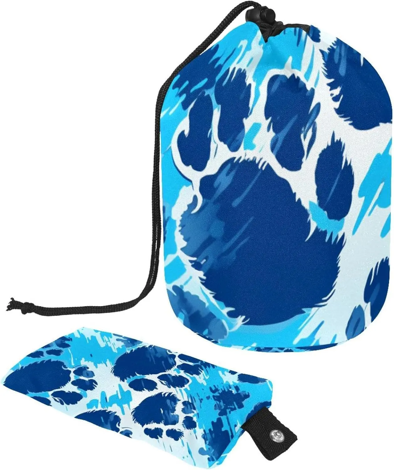 Blue Hand-painted Paw Print Travel Cosmetic Bags Makeup Bag for Women, Foldable Drawstring Travel Cosmetic Bags, Portable Toiletry Bucket Bag
