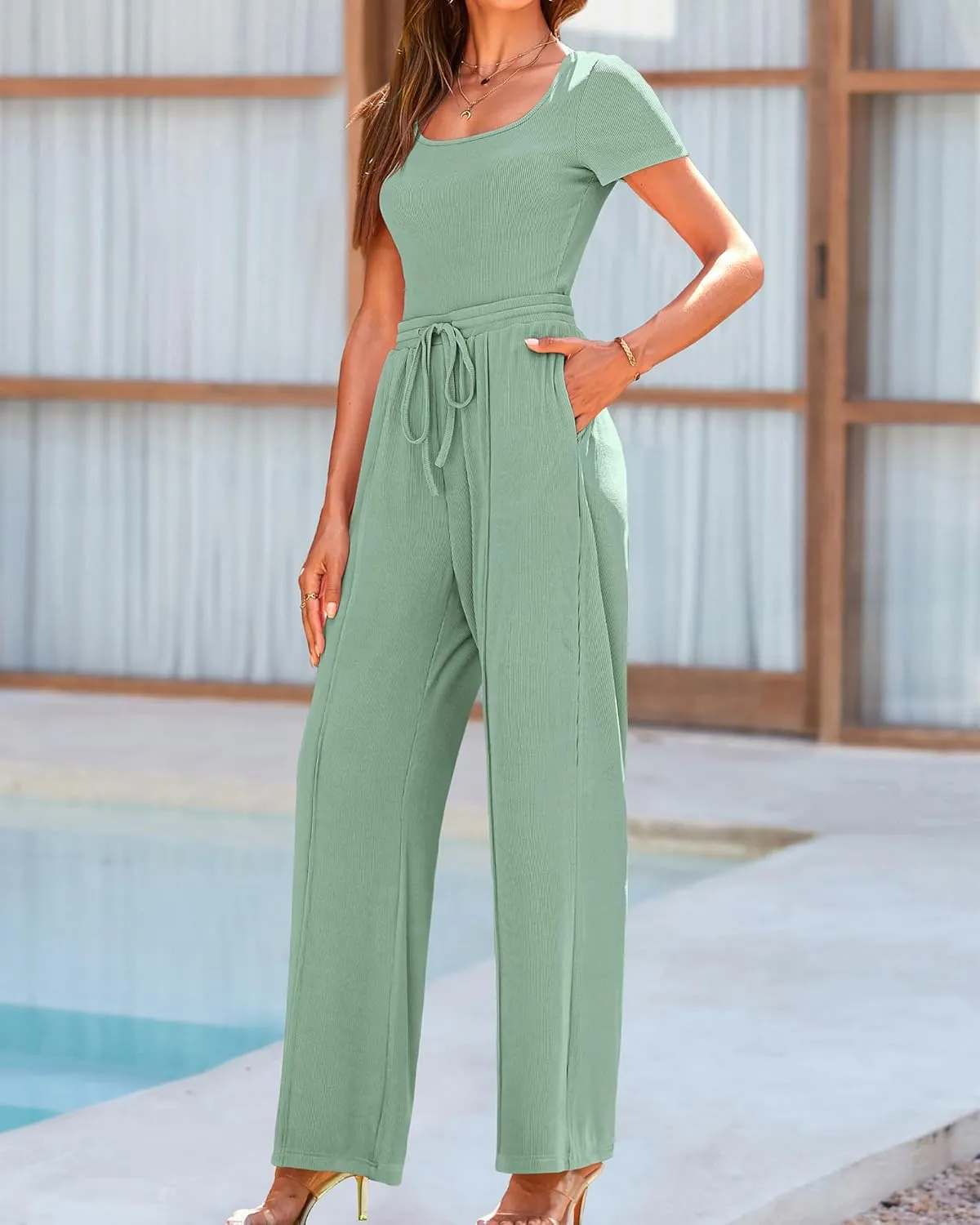 BTFBM Womens Casual 2 Pieces Outfits Dressy Square Neck Short Sleeve Bodysuit Drawstring Pants Knit Lounge Matching Sets