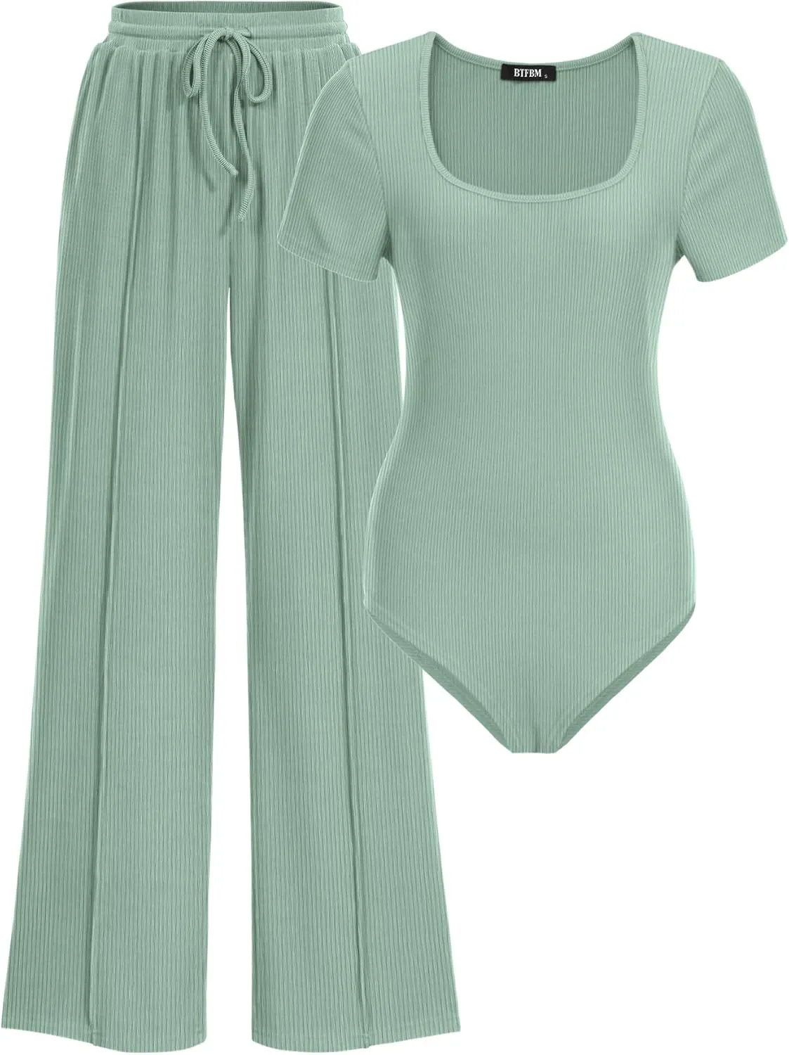 BTFBM Womens Casual 2 Pieces Outfits Dressy Square Neck Short Sleeve Bodysuit Drawstring Pants Knit Lounge Matching Sets