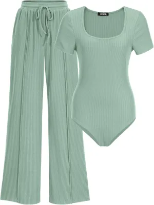 BTFBM Womens Casual 2 Pieces Outfits Dressy Square Neck Short Sleeve Bodysuit Drawstring Pants Knit Lounge Matching Sets