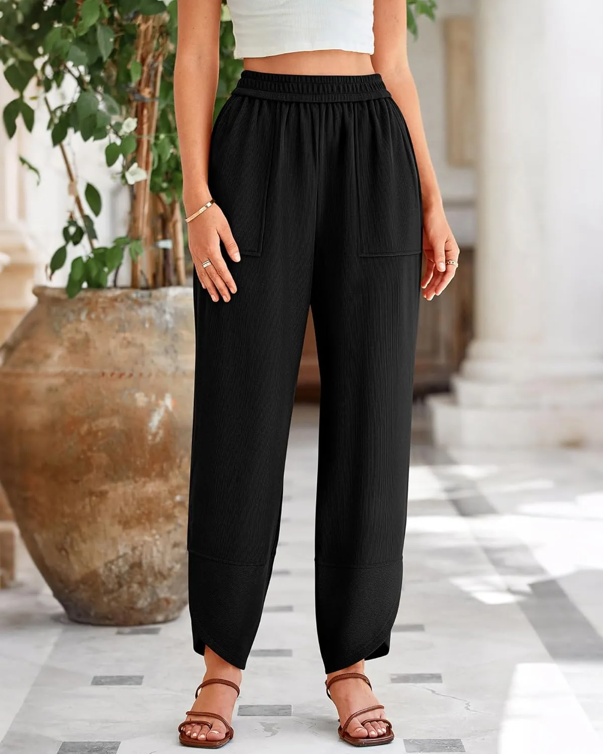 BTFBM Women's Wide Leg Palazzo Harem Pants Casual Loose Elastic Waist Sweatpants 2024 Fall Baggy Long Trousers Pockets