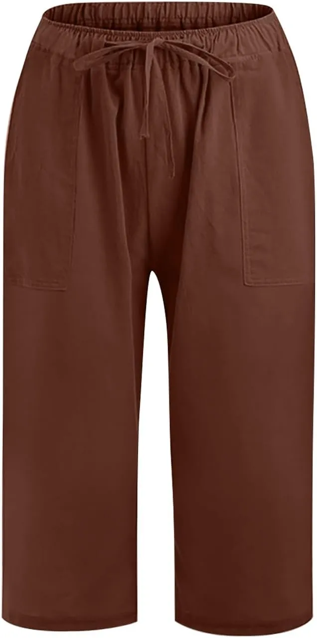 BZGTZT Women Plus Size Linen Capri Pants Drawstring High Waist Wide Leg Pant Summer Casual Loose Cropped Trouser with Pocket