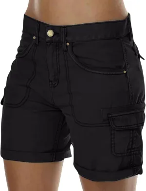 Cargo Shorts for Women Casual Summer High Waisted Jean Shorts with Pockets Knee Length Pull On Hiking Outfits
