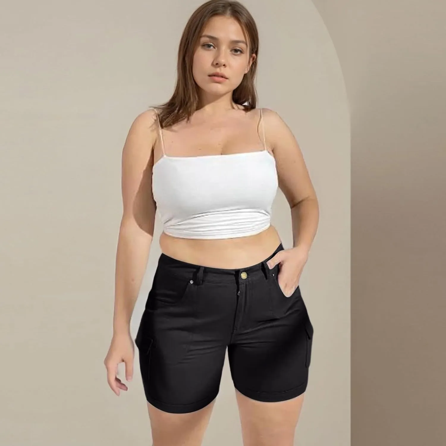 Cargo Shorts for Women Casual Summer High Waisted Jean Shorts with Pockets Knee Length Pull On Hiking Outfits