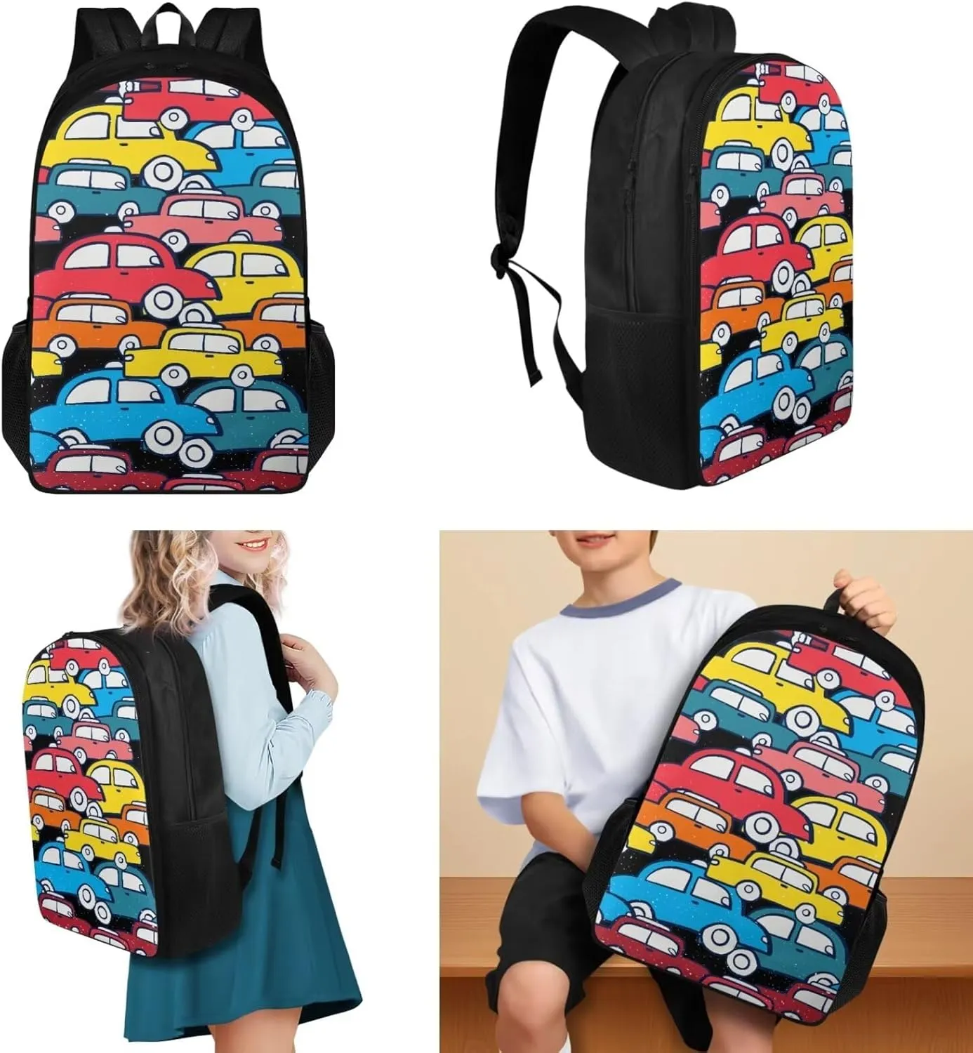 Cartoon Car Large School Backpack for Teen Boys 17 inch Bookbag for Teens 12-14 for Elementary Primary Student Kids School Bag Set with Lunch Box Pencil Case School Supplies Set