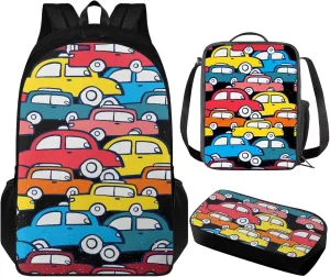 Cartoon Car Large School Backpack for Teen Boys 17 inch Bookbag for Teens 12-14 for Elementary Primary Student Kids School Bag Set with Lunch Box Pencil Case School Supplies Set