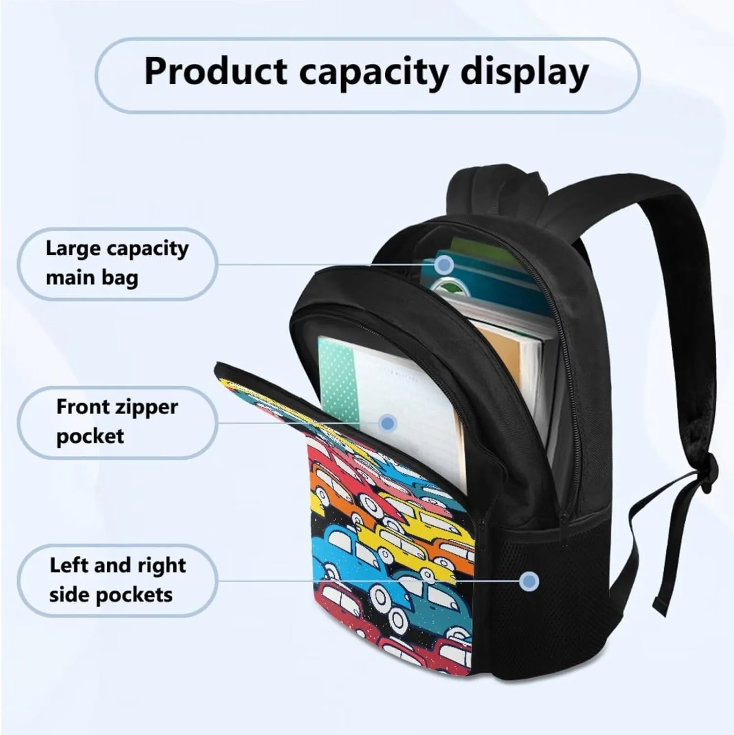 Cartoon Car Large School Backpack for Teen Boys 17 inch Bookbag for Teens 12-14 for Elementary Primary Student Kids School Bag Set with Lunch Box Pencil Case School Supplies Set