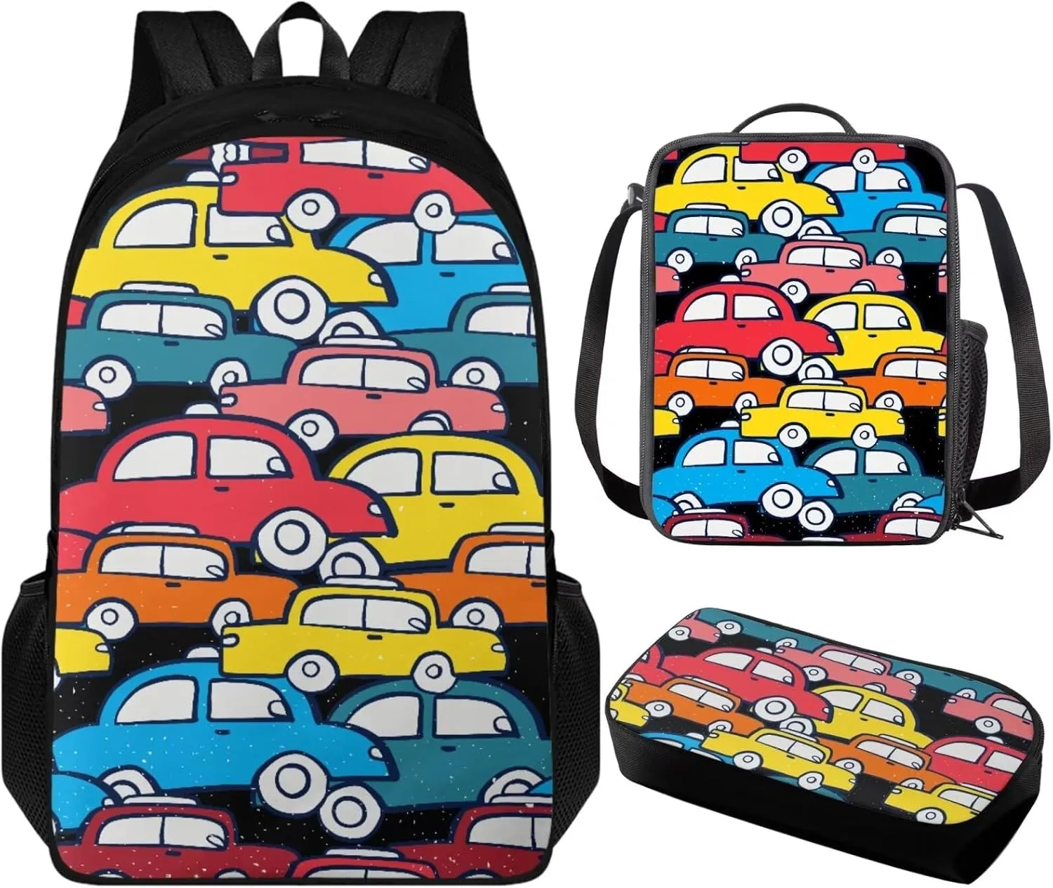 Cartoon Car Large School Backpack for Teen Boys 17 inch Bookbag for Teens 12-14 for Elementary Primary Student Kids School Bag Set with Lunch Box Pencil Case School Supplies Set