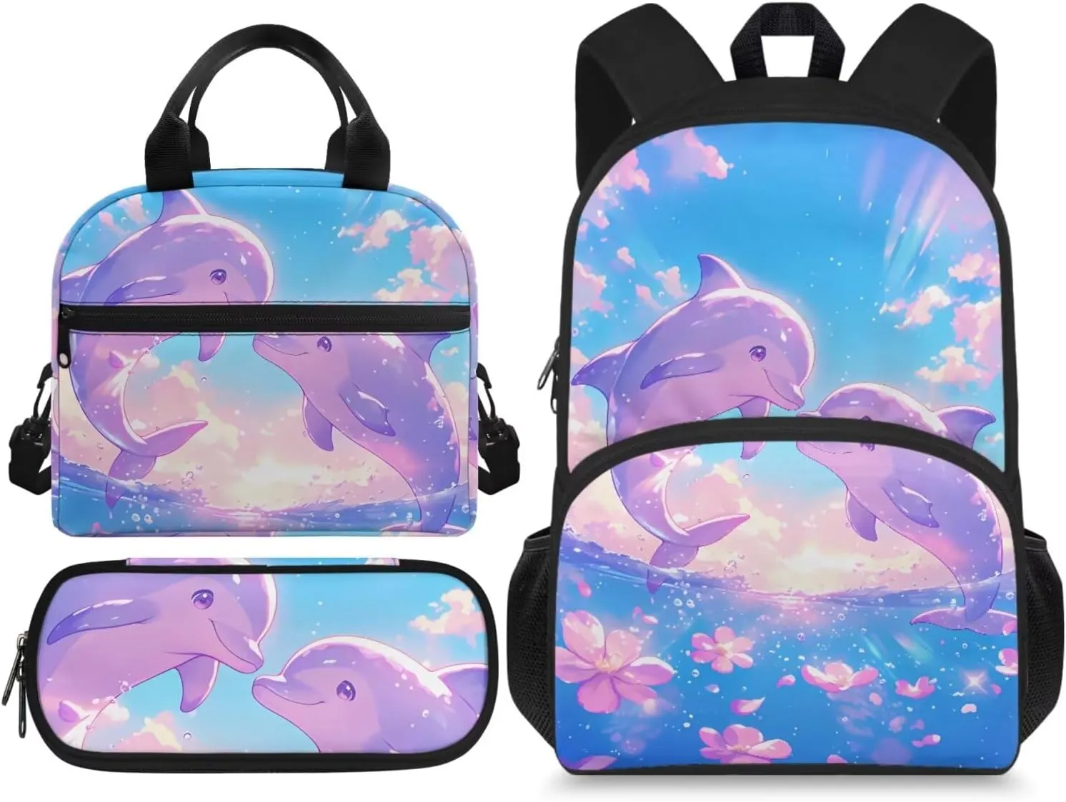 Cartoon Dolphin Backpack with Lunch Box and Pencil Box Personalized 3 in 1 Cool Light & Comfy Bookbag for School Travel 15 Inch School Bag Set for Kids