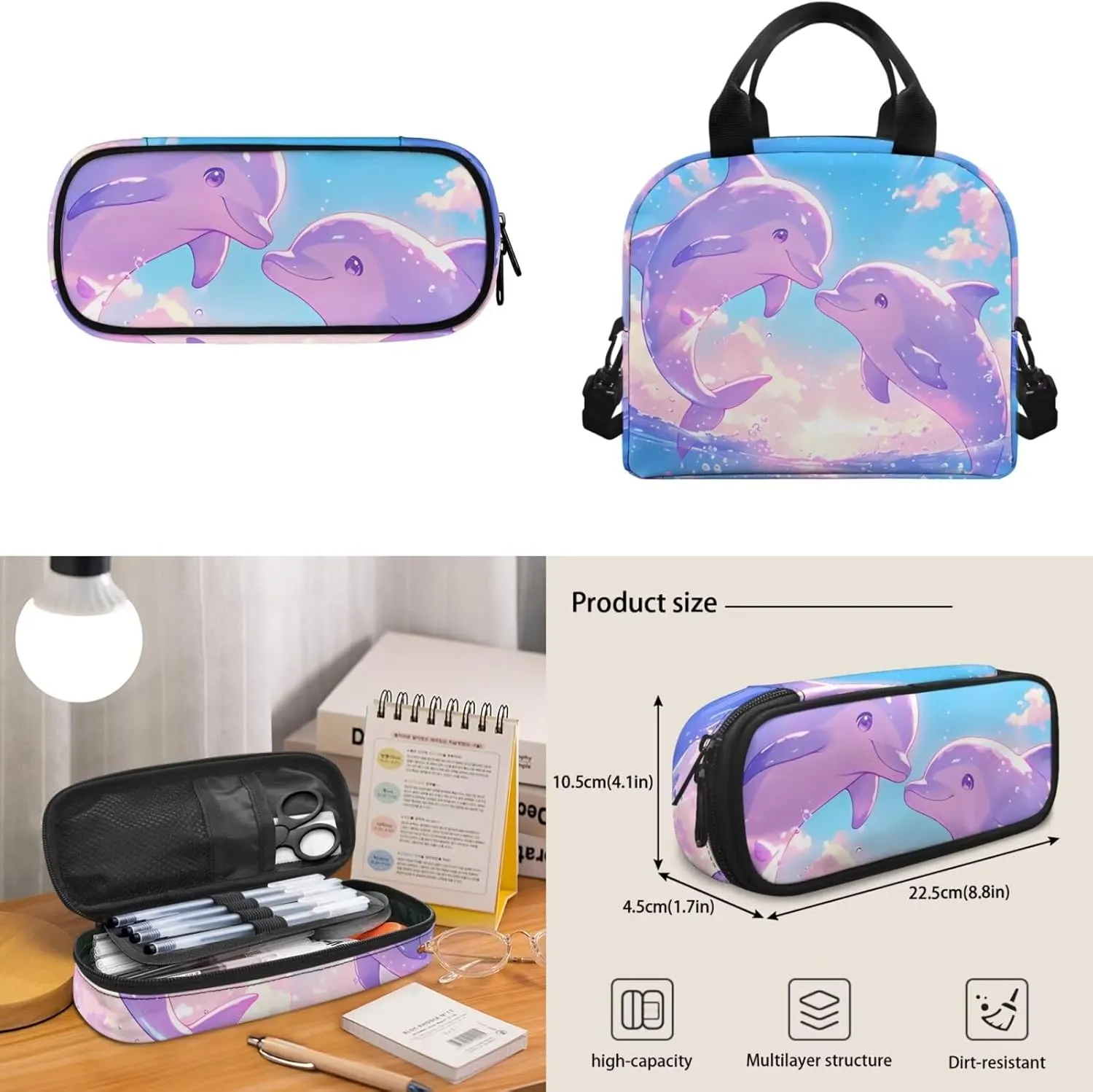 Cartoon Dolphin Backpack with Lunch Box and Pencil Box Personalized 3 in 1 Cool Light & Comfy Bookbag for School Travel 15 Inch School Bag Set for Kids