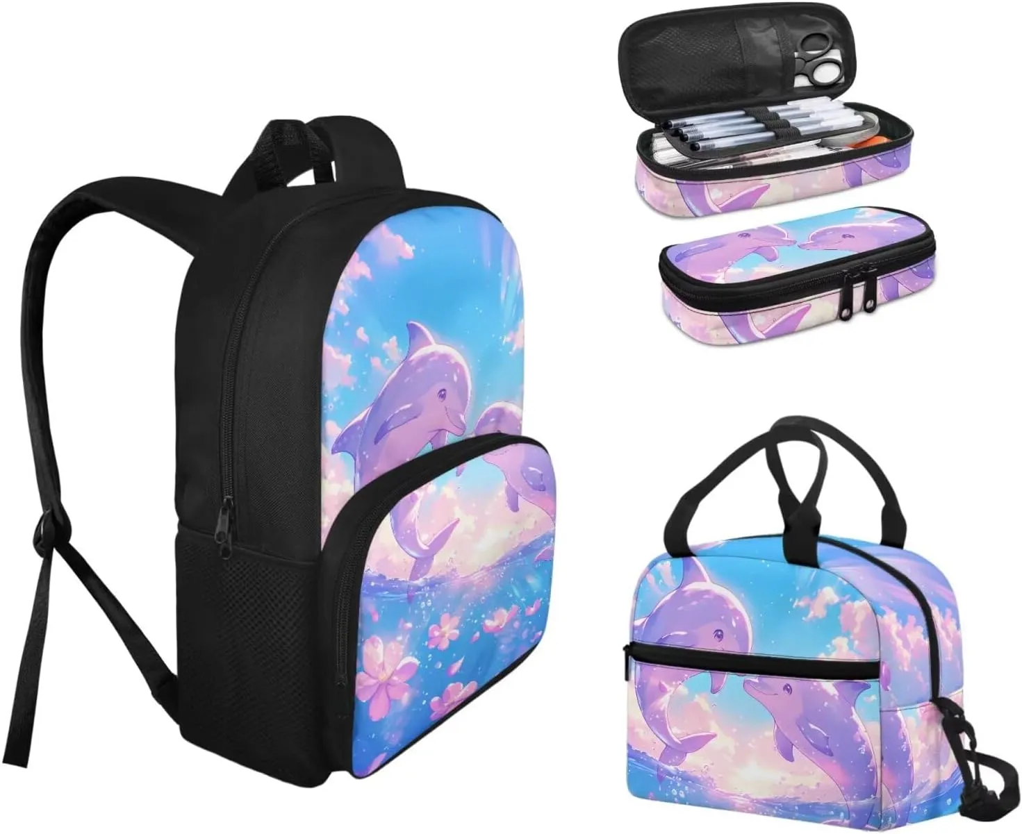 Cartoon Dolphin Backpack with Lunch Box and Pencil Box Personalized 3 in 1 Cool Light & Comfy Bookbag for School Travel 15 Inch School Bag Set for Kids