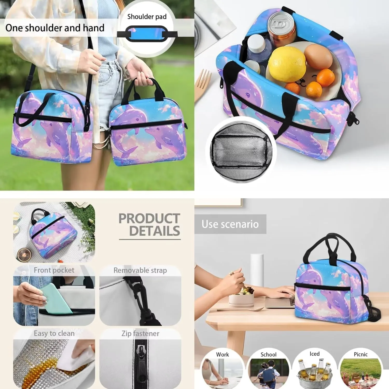 Cartoon Dolphin Backpack with Lunch Box and Pencil Box Personalized 3 in 1 Cool Light & Comfy Bookbag for School Travel 15 Inch School Bag Set for Kids