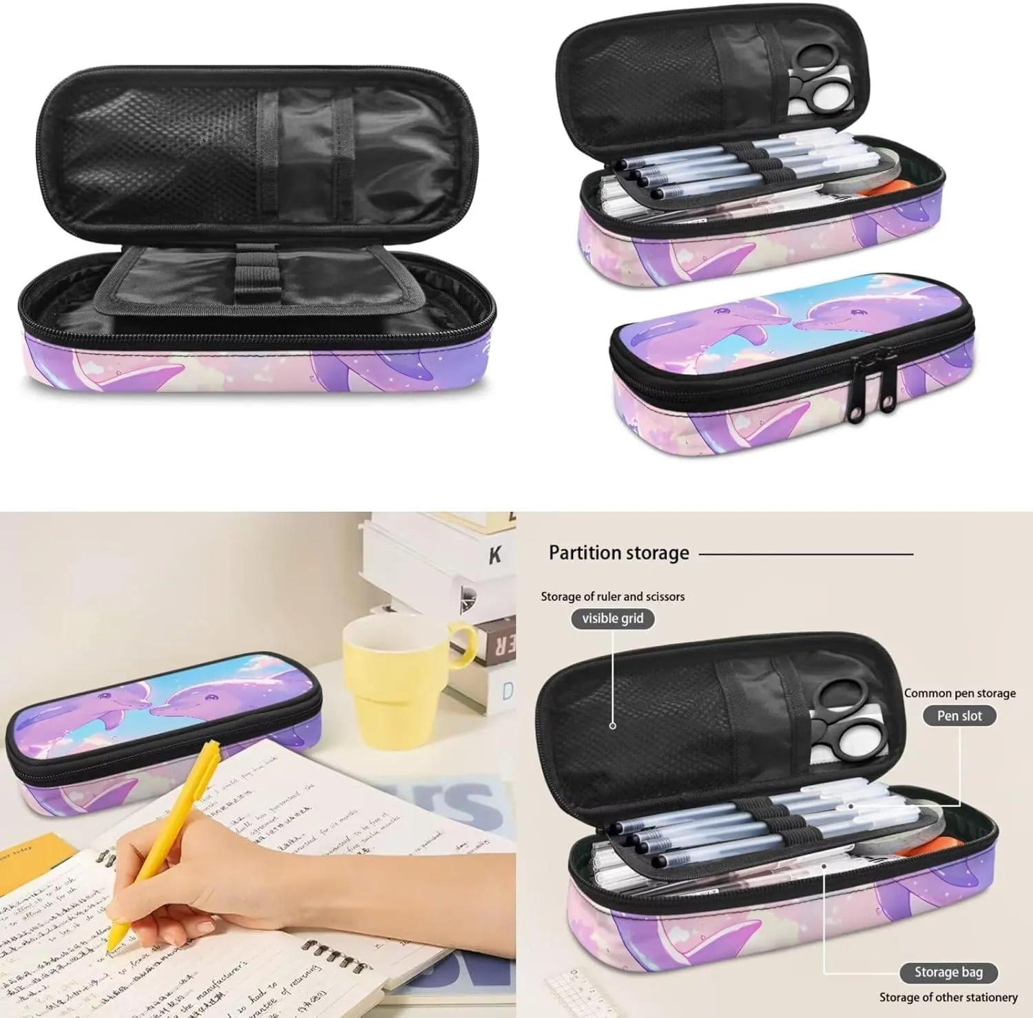 Cartoon Dolphin Backpack with Lunch Box and Pencil Box Personalized 3 in 1 Cool Light & Comfy Bookbag for School Travel 15 Inch School Bag Set for Kids