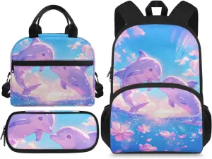 Cartoon Dolphin Backpack with Lunch Box and Pencil Box Personalized 3 in 1 Cool Light & Comfy Bookbag for School Travel 15 Inch School Bag Set for Kids