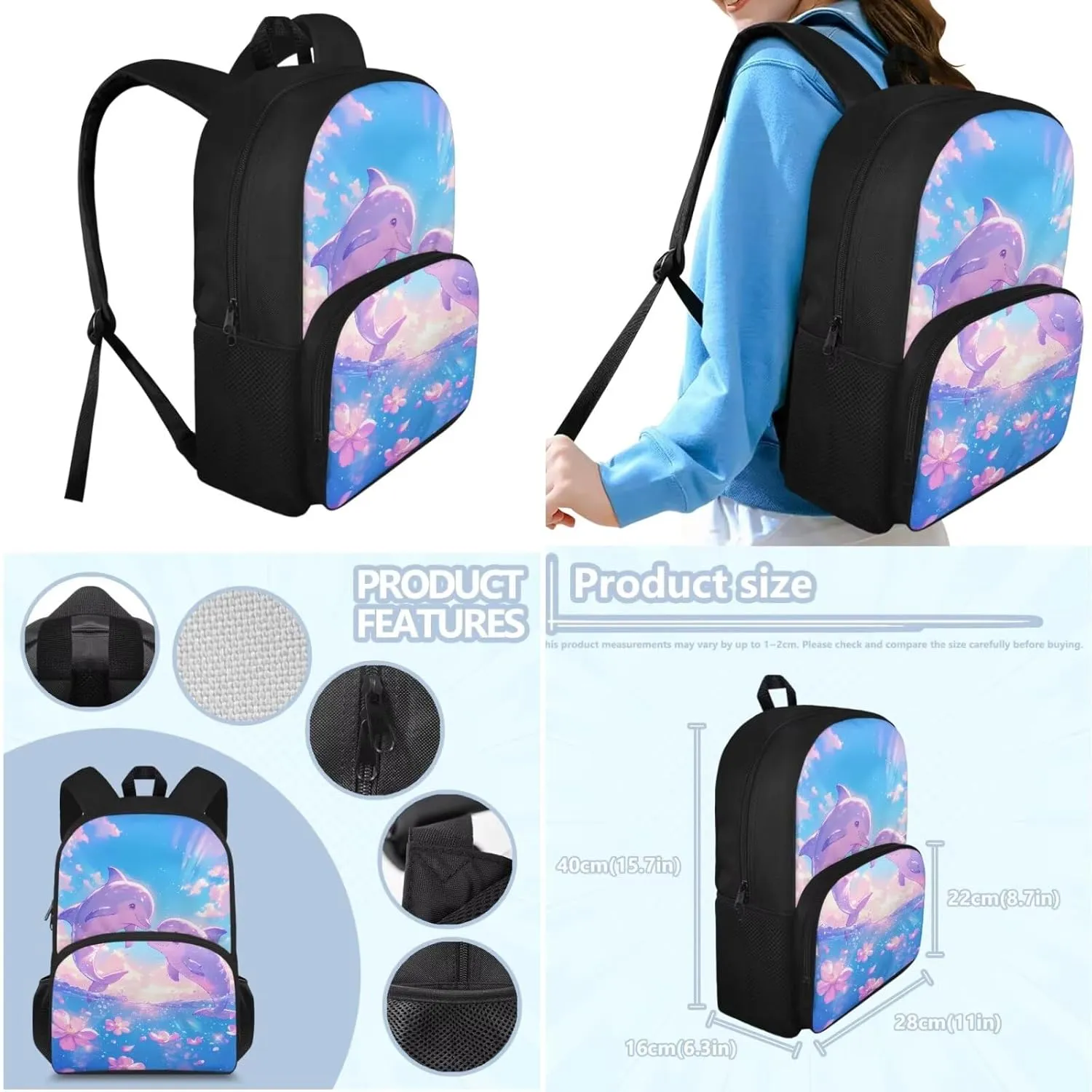 Cartoon Dolphin Backpack with Lunch Box and Pencil Box Personalized 3 in 1 Cool Light & Comfy Bookbag for School Travel 15 Inch School Bag Set for Kids
