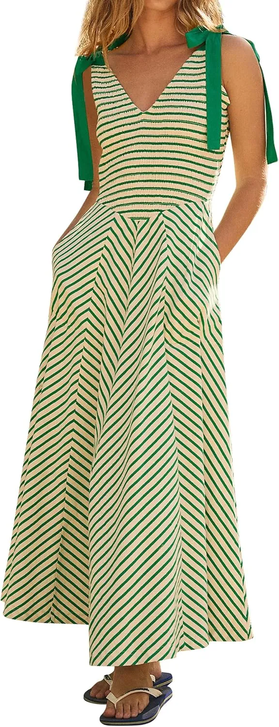 Casual Summer Maxi Dresses Striped Smocked V Neck Sleeveless Sundress Tie Strap Flowy Beach Long Dress with Pockets