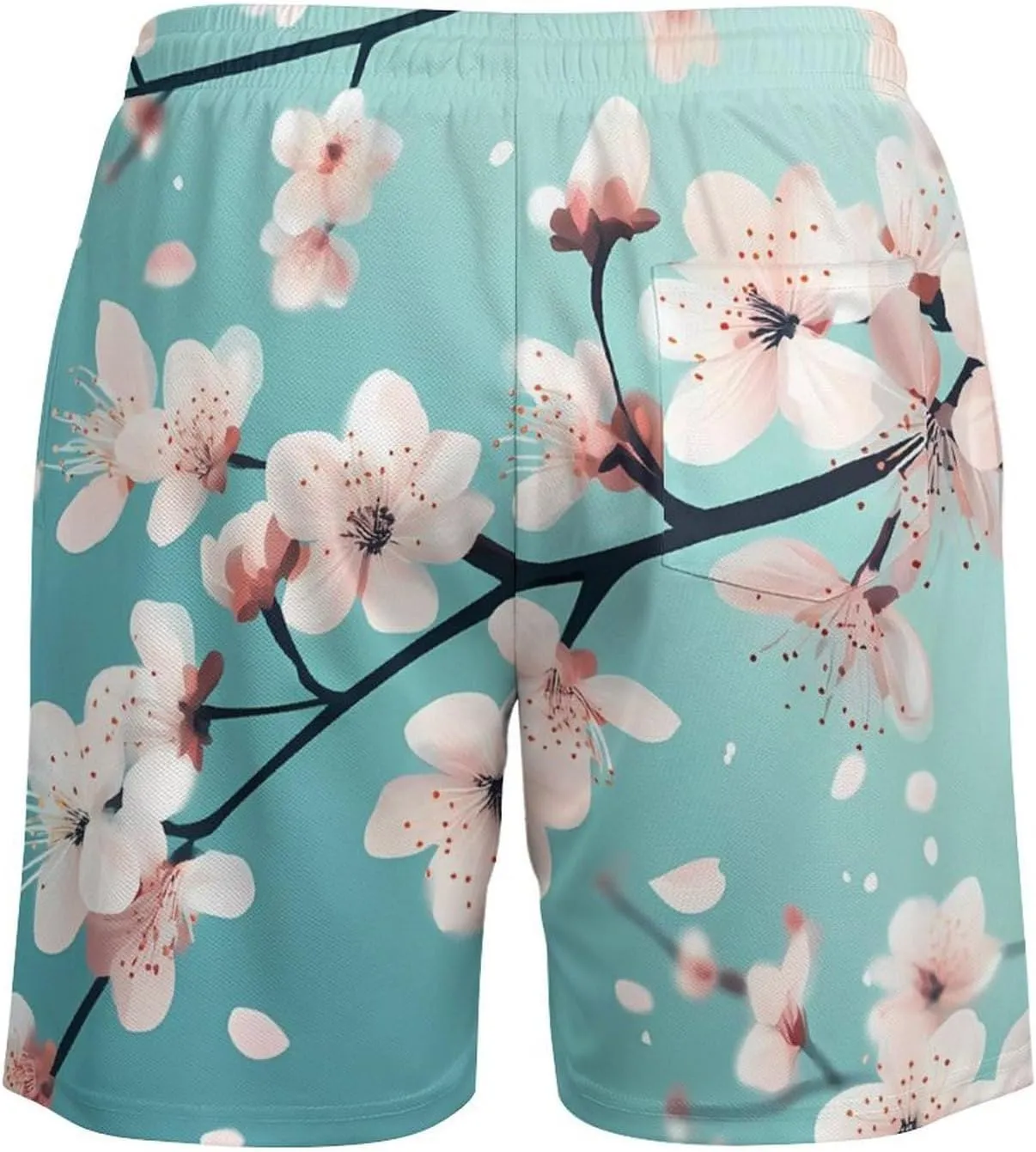 Cherry Flower Blossoming Casual Beach Shorts for Men Elastic Waist Drawstring Swim Shorts With Compression Liner
