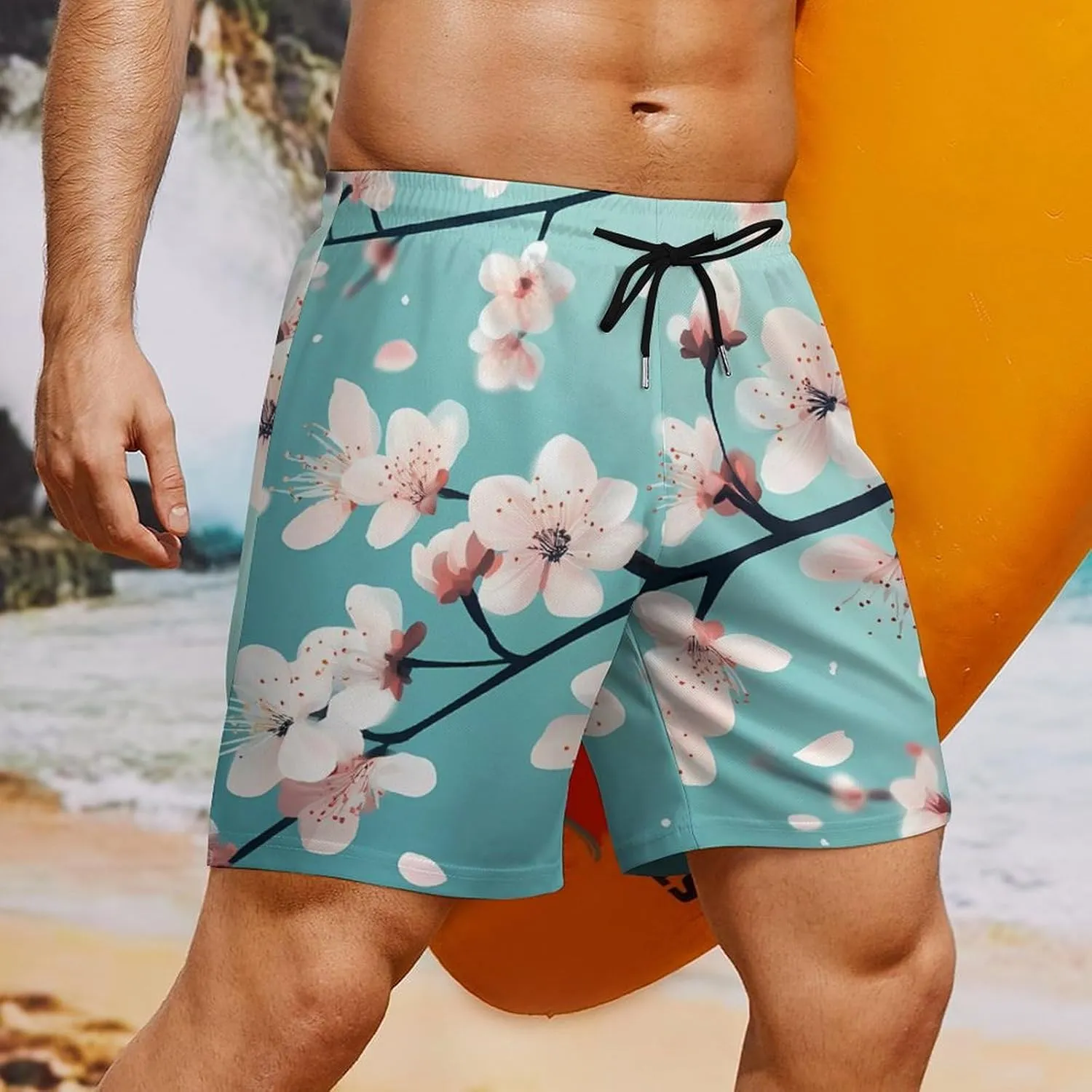 Cherry Flower Blossoming Casual Beach Shorts for Men Elastic Waist Drawstring Swim Shorts With Compression Liner