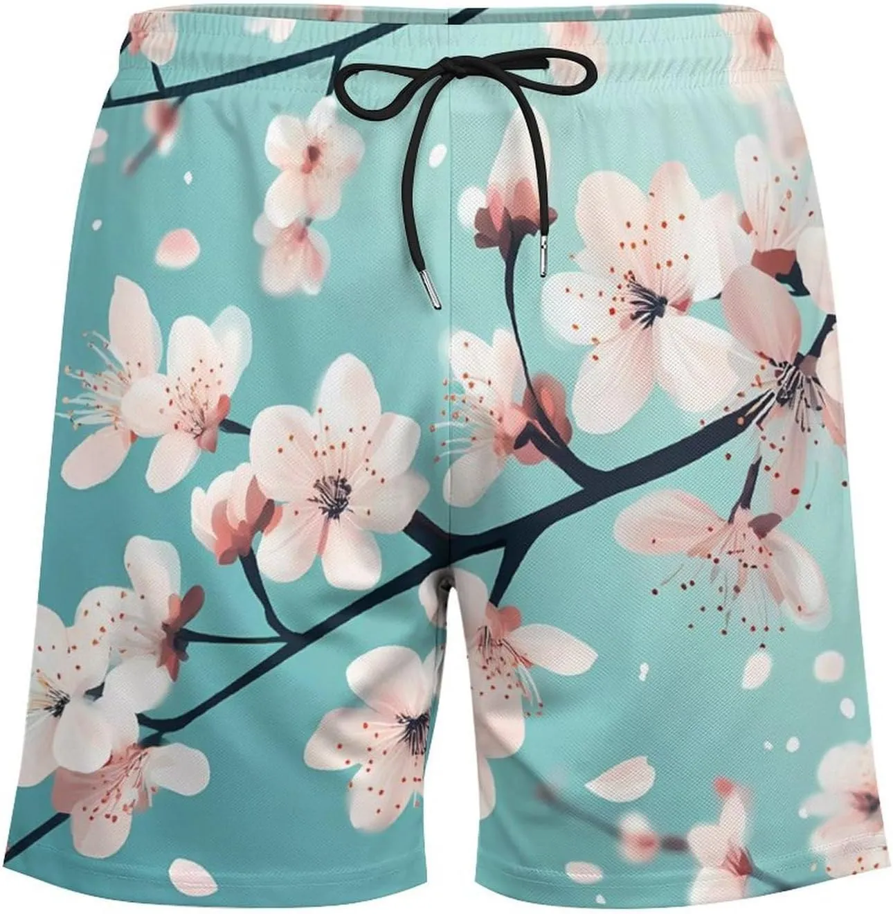 Cherry Flower Blossoming Casual Beach Shorts for Men Elastic Waist Drawstring Swim Shorts With Compression Liner