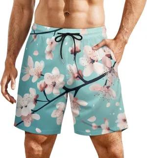 Cherry Flower Blossoming Casual Beach Shorts for Men Elastic Waist Drawstring Swim Shorts With Compression Liner