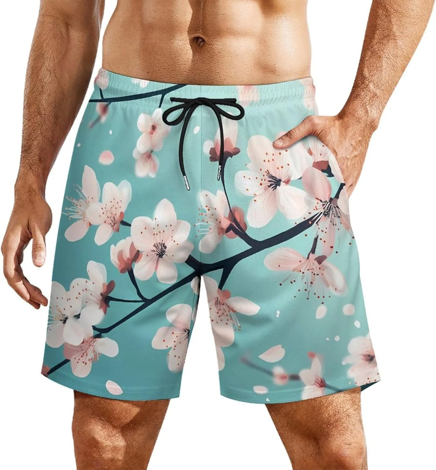 Cherry Flower Blossoming Casual Beach Shorts for Men Elastic Waist Drawstring Swim Shorts With Compression Liner
