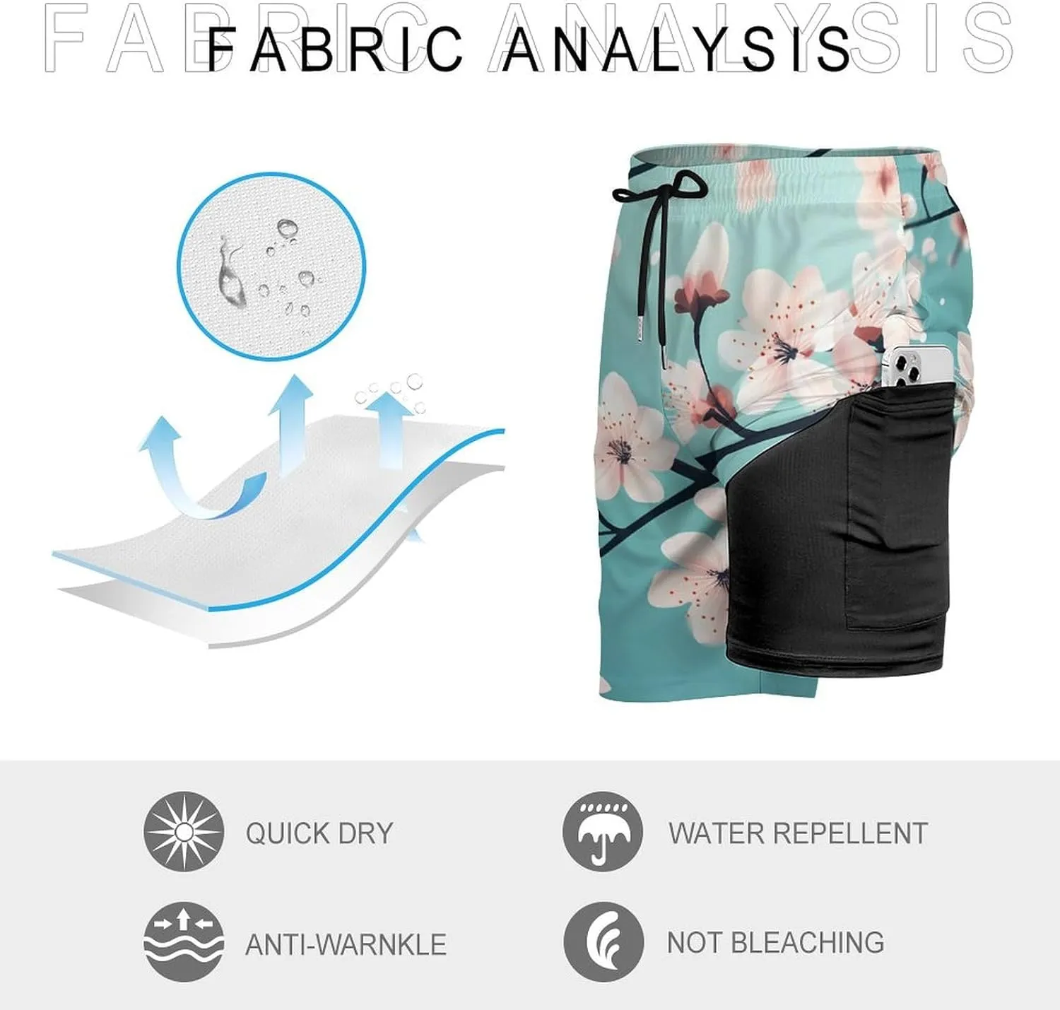 Cherry Flower Blossoming Casual Beach Shorts for Men Elastic Waist Drawstring Swim Shorts With Compression Liner